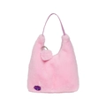Pink plush shoulder bag for women with faux fur texture and a cute pom-pom pendant - Pink