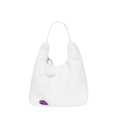 White faux fur hobo bag with slender strap and decorative purple brand patch detail - White