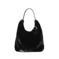 Chic black faux fur shoulder bag with plush pendant and vegan leather handles - Black