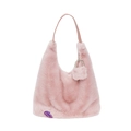Pink fluffy plush hobo handbag with soft faux fur and decorative charm for women - Light Pink