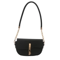 Minimalist black half-moon saddle bag with lychee texture leather and gold metal buckle - Black