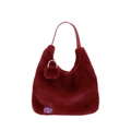 Sac à épaule en peluche bordeaux avec fausse fourrure et breloque en strass - Rouge