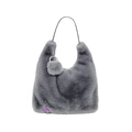 Sac à épaule en peluche grise avec pompon et fines lanières noires pour l'automne - Gris