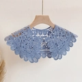 Detail of light blue crochet hollow lace shawl with floral patterns and pearl button - One Size / Light Blue
