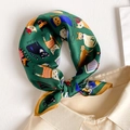 53cm mulberry silk scarf featuring green cat print tied on a beige shirt collar - 53*53cm / Green (Cat Print)