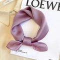 Close-up of elegant lavender silk scarf with satin gloss on a neutral beige shirt - 53*53cm / Taro Purple