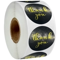 Matte black round adhesive thank you stickers with gold foil lettering in a roll - Black Background Gold Stamping (A3)