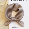 Detail of elegant champagne silk scarf knotted on a beige shirt and white book - 53*53cm / Camel