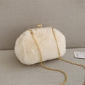 Elegant cream faux fur shell bag with vintage gold clasp and delicate chain strap - Metal Chain Style / White