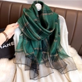British plaid silk blend scarf in dark green with metallic thread and sheer mesh trim - 80x190cm / Green