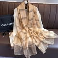 Macro detail of checkered beige silk blend scarf featuring metallic gold thread weaving - 80x190cm / Camel