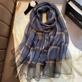 Detail of luxury navy plaid silk scarf with gold metallic threads on white knitwear - 80x190cm / Navy Blue