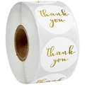 White round thank you stickers roll with elegant gold cursive script and glossy finish - White Background Gold Stamping (A6)