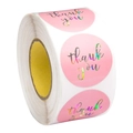 Roll of pink round holographic stickers with laser Thank You text for gift sealing - Pink Background Holographic (A1)