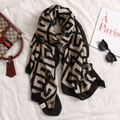 Black and brown geometric cotton-linen feel scarf with vintage maze pattern shawl - Geometric Line Maze (A-230-Rice Black)
