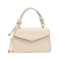 Chic beige woven small crossbody bag with decorative rope handle and golden ring - White