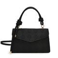 Minimalist black woven texture small square bag with knot handle and gold hardware - Black