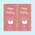 Rosa Happy Birthday Aufkleber mit goldenen Sternen und floralem Umschlag-Motiv - Rosa Briefumschlag Stil (H2)