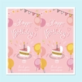 Rosa Happy Birthday Aufkleber für Geschenkboxen mit Kuchen und Ballon Illustrationen - Rosa Kuchen Stil (H3)