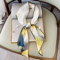 Elegant white skinny silk scarf with abstract blue and yellow patterns for women - Oil Painting Print Beige (FX-2)