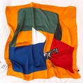Detail of silk-like square scarf featuring geometric color blocks and horse print - 90cmx90cm / Orange