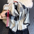 Plaid cotton-linen feel scarf in white, grey, black, and red check pattern for women - Classic Bold Check (A-297-Beige)