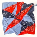 Silk paisley square scarf featuring vibrant red and blue color-block patchwork design - Blue and Red Patchwork Paisley (ZS-24)