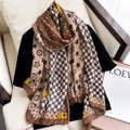 Brown geometric patterned linen-touch scarf with stars and checkered print - Checkerboard Star Pattern (A-419-Coffee)