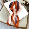 Elegant striped silk-like scarf in orange and purple with pearl brooch and elephant logo - Multicolor Stripes with Caramel Edge (FX-103 - Caramel Edge)