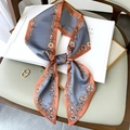 Elegant floral print narrow silk scarf in vintage blue and orange for women - Outlined Floral Haze Blue (FX-100-Haze Blue)