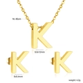 Polished gold letter K necklace and earring set with dimensions and weight data - Gold Letter K (SE1244K1G)