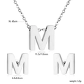 Letter M stainless steel jewelry set with dimensions shown on necklace and earrings - Silver Letter M (SE1244M1S)