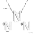 Polished silver stainless steel jewelry set featuring letter N necklace and stud earrings - Silver Letter N (SE1244N1S)