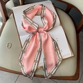 Pink narrow silk scarf with elegant chain and clock print for hair and bags - Pink Chain Watch (FX-193)
