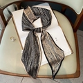 Black and beige polka dot striped silk twilly scarf tied in a bow with pearl ring accessory - Vertical Stripes Black-Coffee (FX-178-Black-Coffee)