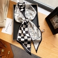 Polka dot skinny silk scarf featuring checkerboard and line art patterns on a bag - Checkerboard Illustration Black (FX-91-1-Black)