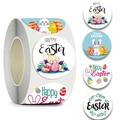Happy Easter stickers roll featuring colorful eggs and rabbits for festive decorations - 500 Sheets/Roll / 1 inch (25mm)