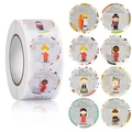 Rotolo di adesivi rotondi per bambini con diversi personaggi dei cartoni animati globali - Stile Bambini Multiculturali (A)