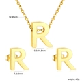 Golden stainless steel letter R necklace and earrings jewelry set with size dimensions - Gold Letter R (SE1244R1G)