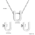 Polished silver stainless steel letter U necklace and stud earrings set with size data - Silver Letter U (SE1244U1S)