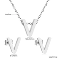 Silver stainless steel V letter necklace and stud earrings jewelry set for women - Silver Letter V (SE1244V1S)