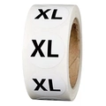 Roll of white circular adhesive size stickers with black XL lettering for clothing - XL Size (P105) / 500 Stickers/Roll
