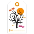 Nahaufnahme der Halloween-Anhänger mit orangefarbenem Mond, Baum und BOO-Schriftzug - Toter Baum & Mond (Stil A)