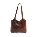 Detailed view of the vintage brown faux leather shoulder bag with green tassel - Brown