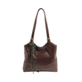 Elegant vintage brown faux leather tote bag with unique green tassel charm detail - Coffee
