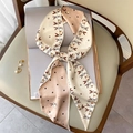 Polka dot skinny scarf in cream and pink beige with cute rabbit and floral patterns - Cartoon Rabbit Floral Beige (FX-35-Beige)
