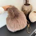 Plush faux fox fur bucket bag in taupe with slender brown shoulder strap for women - Brown
