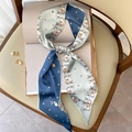 Narrow silk scarf with light blue rabbit print and dark blue polka dot design - Cartoon Rabbit Polka Dot Blue (FX-35-Blue)