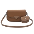 Brown lychee leather crossbody bag with triangular patch and circular coin purse detail - Khaki