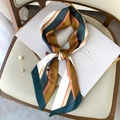 Green and brown striped silk scarf with equestrian logo and pearl brooch accessory - Equestrian Badge Dark Blue Border (FX-103-Dark Blue Border)
